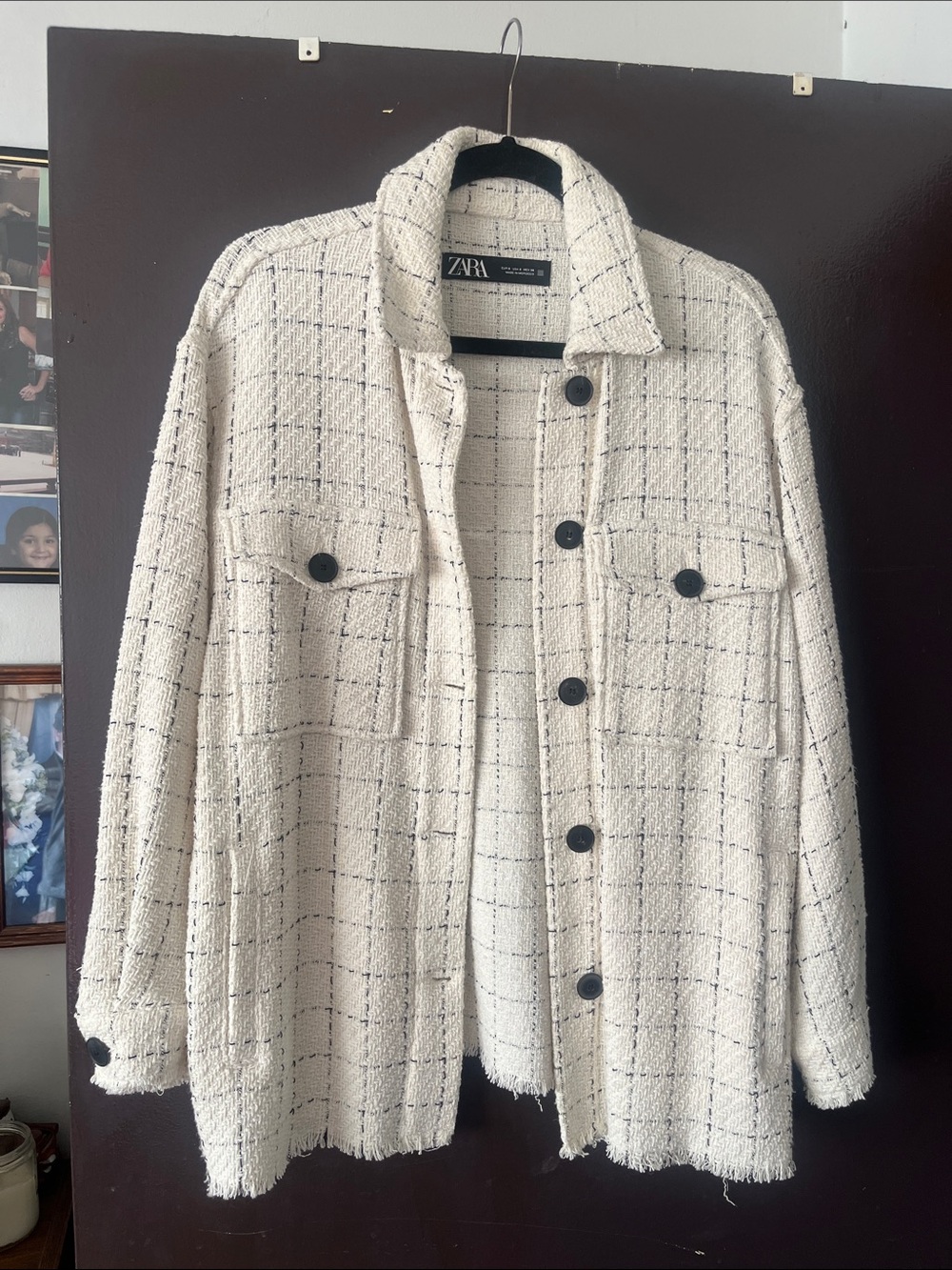 Zara Cream Tweed Shacket with Black Windowpane Check